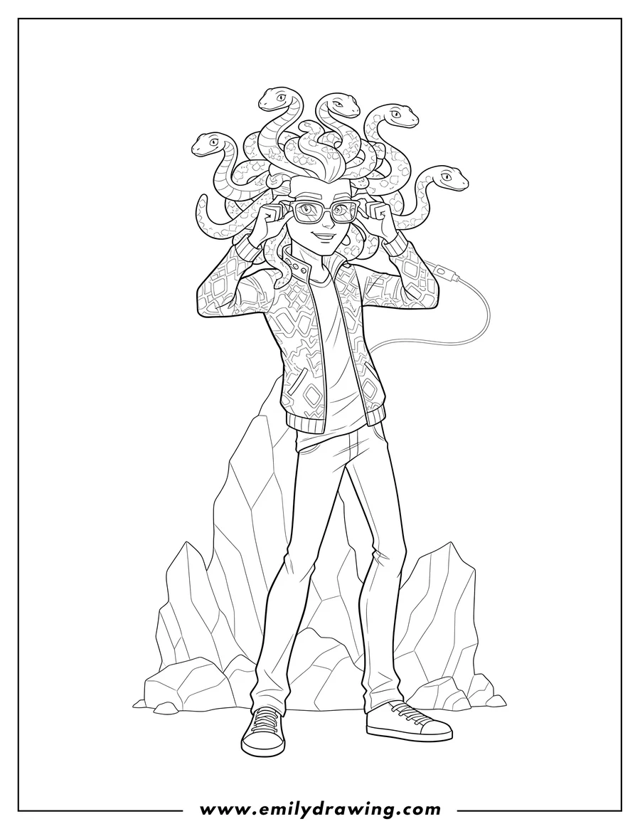 Free to print drawing of deuce Gorgon with snakes for hair, adjusting his glasses