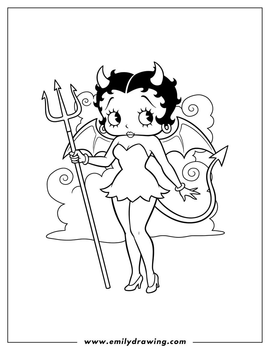 Linear illustration of devil Betty Boop holding a trident and with a devil tail
