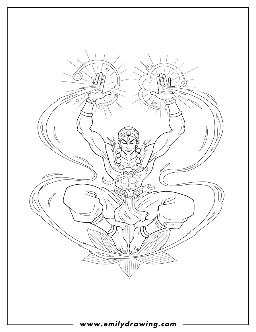 Free to print drawing of street Fighter Dhalsim summoning powers, with raised hands and energy effects