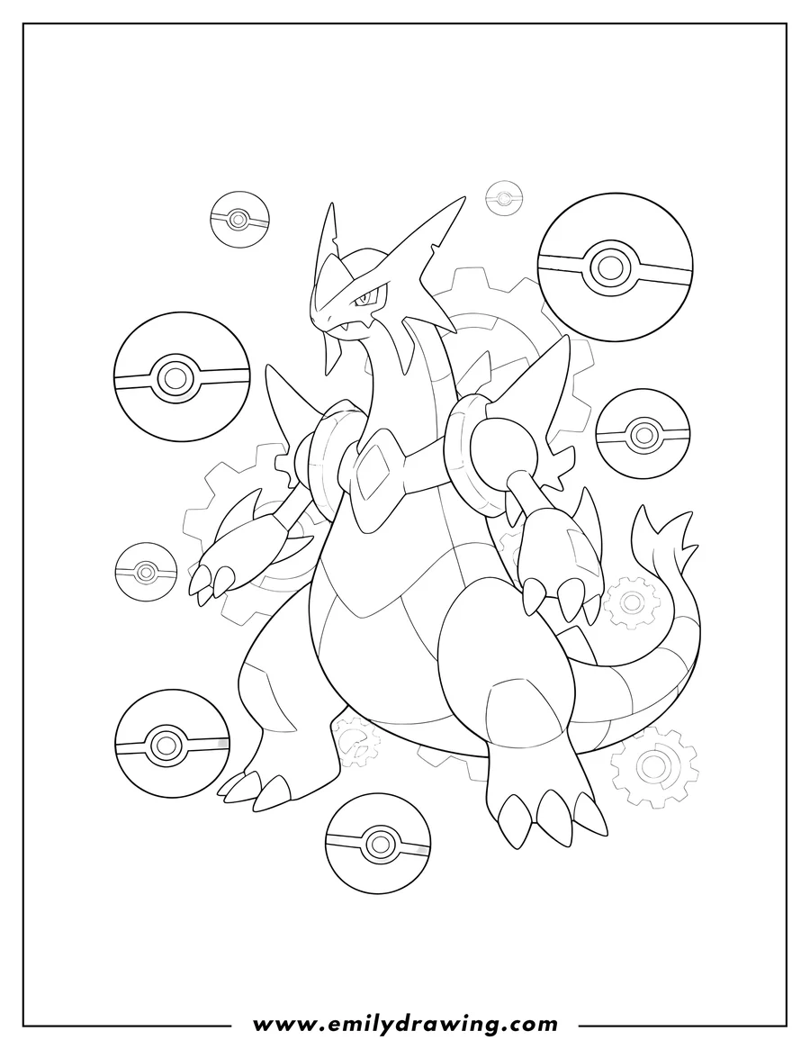 Full page coloring image of dialga Temporal Legendary Pokemon standing, surrounded by Great Balls