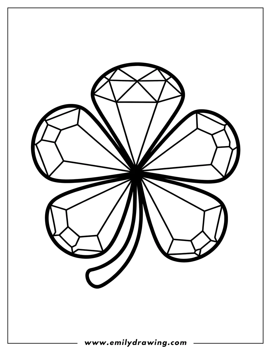 Outline of a four-leaf clover, with each leaf shaped like a faceted diamond, showing many geometric cuts for light refraction.