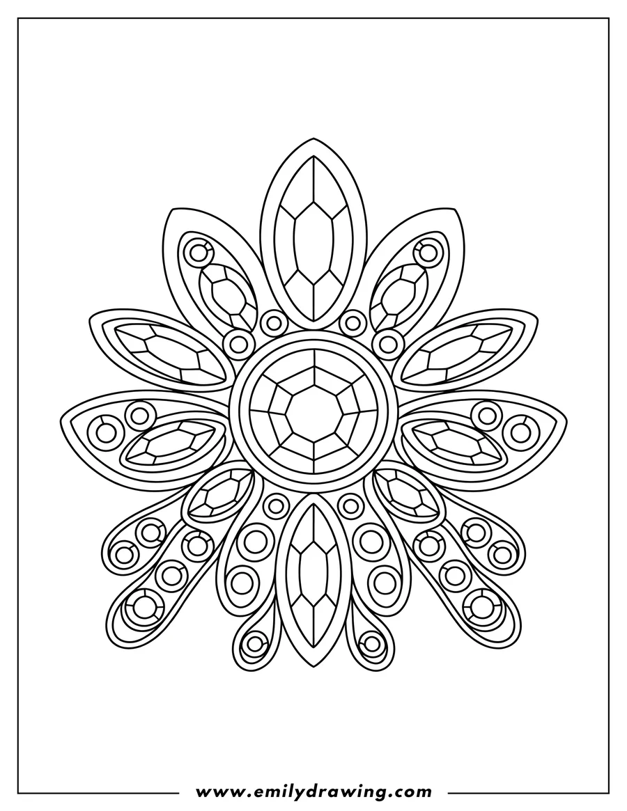 Detailed line art of a circular cluster design made of various faceted diamond and gemstone shapes, resembling a floral or mandala pattern.