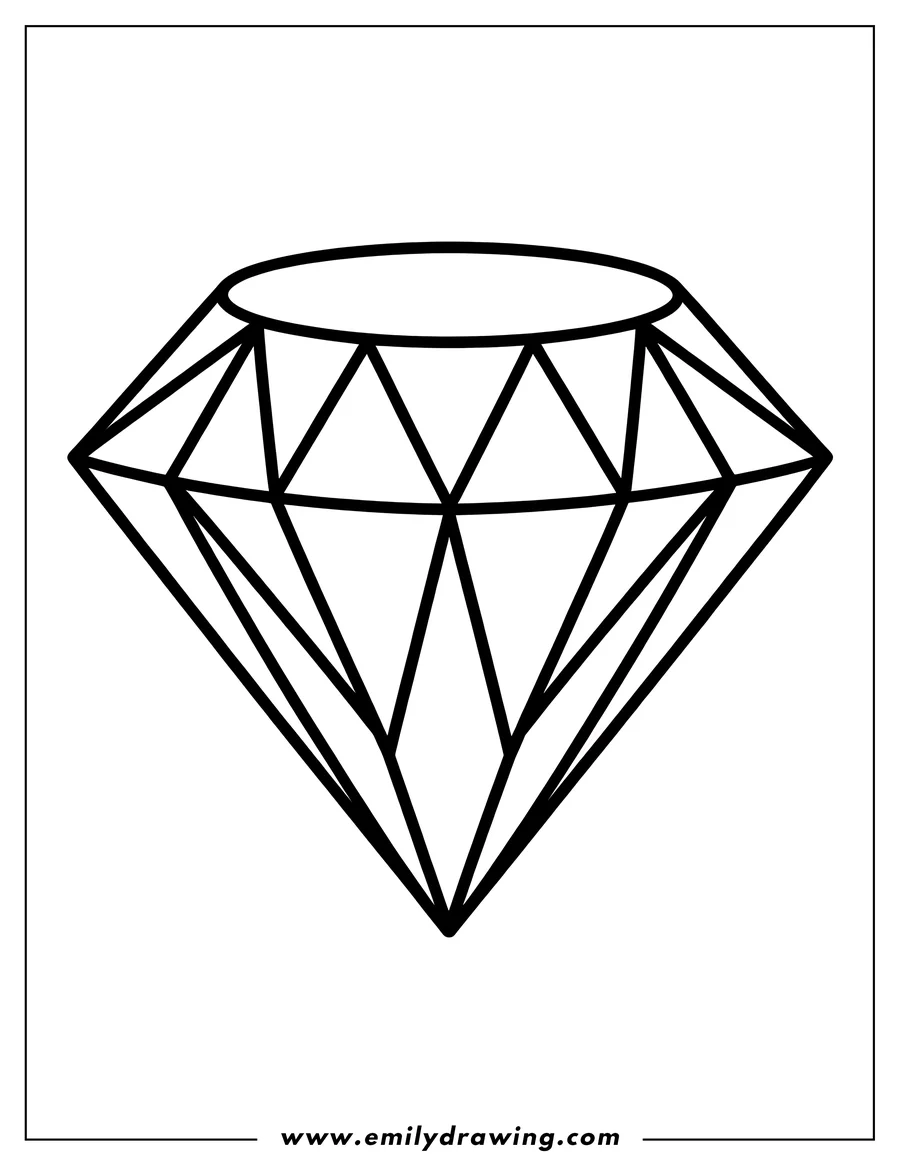 Outline of a faceted diamond with many triangular sides, ready for coloring.