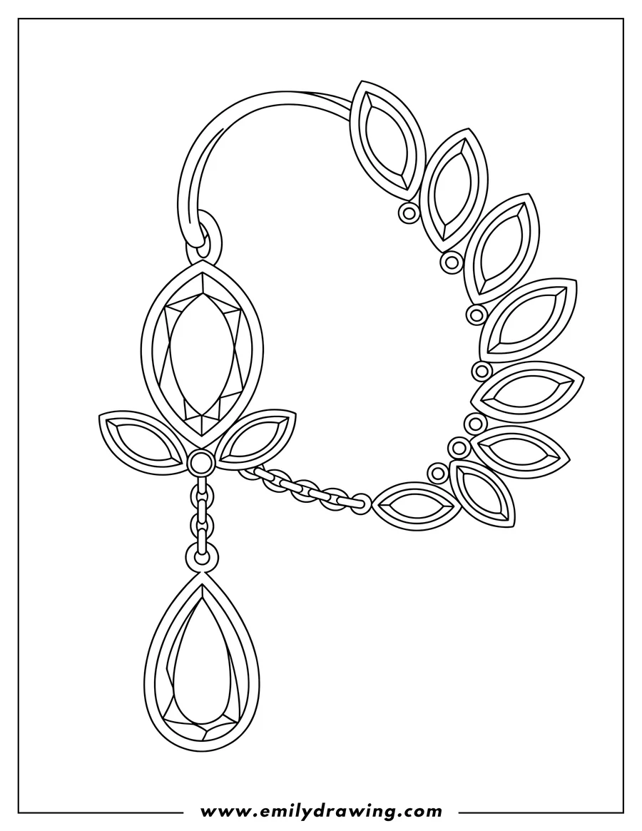 Detailed line art of a diamond earring featuring a large marquise-cut diamond, a teardrop-shaped diamond, and a curved band decorated with leaf-shaped elements connected by a small chain.