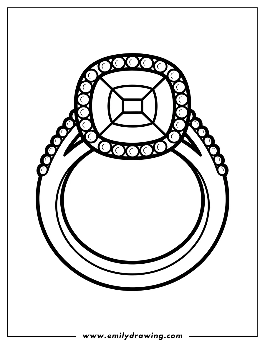 Detailed line art of an engagement ring with a large central diamond surrounded by smaller diamonds, and more diamonds set into the band.