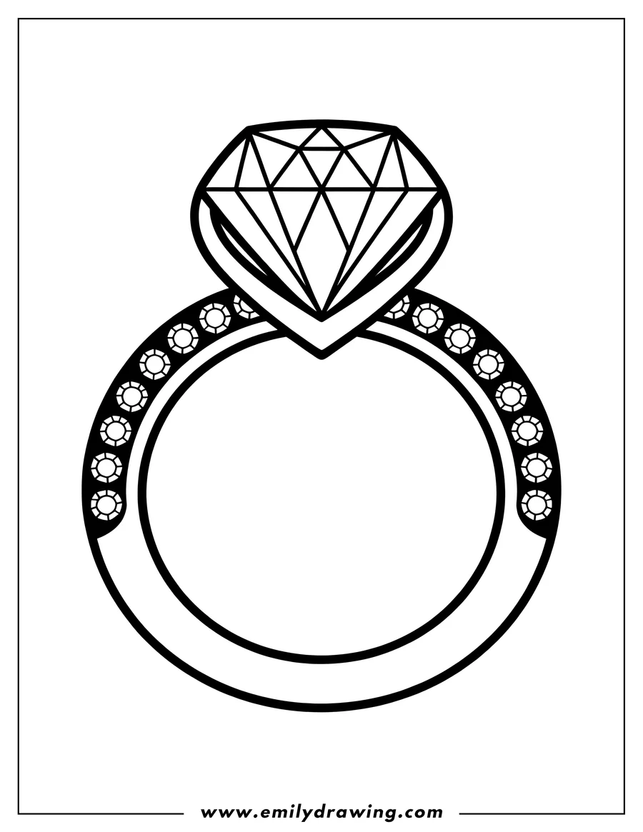 Line art of a large diamond gemstone set in a ring with smaller round diamonds adorning the band.