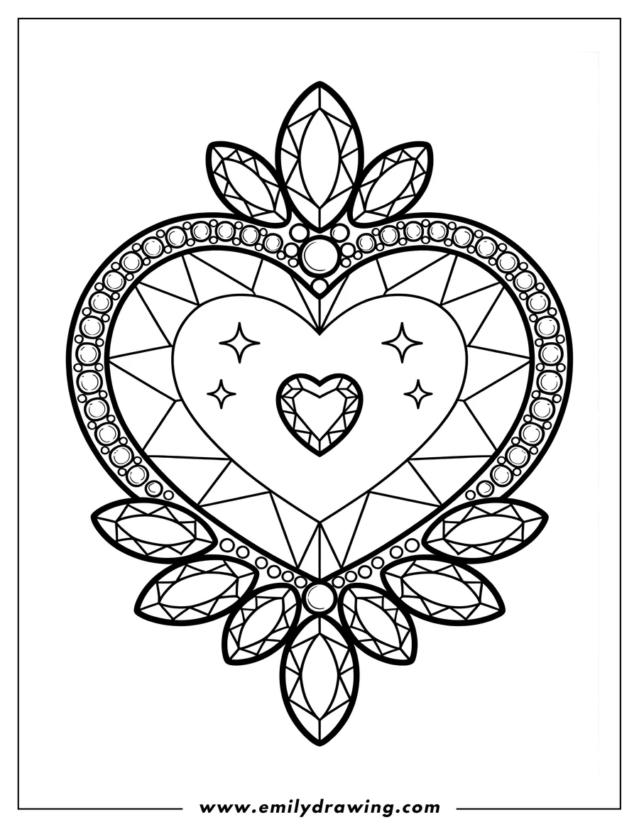 Line art of a large heart shape, intricately designed with faceted diamond patterns and surrounded by smaller round and marquise-cut gems.