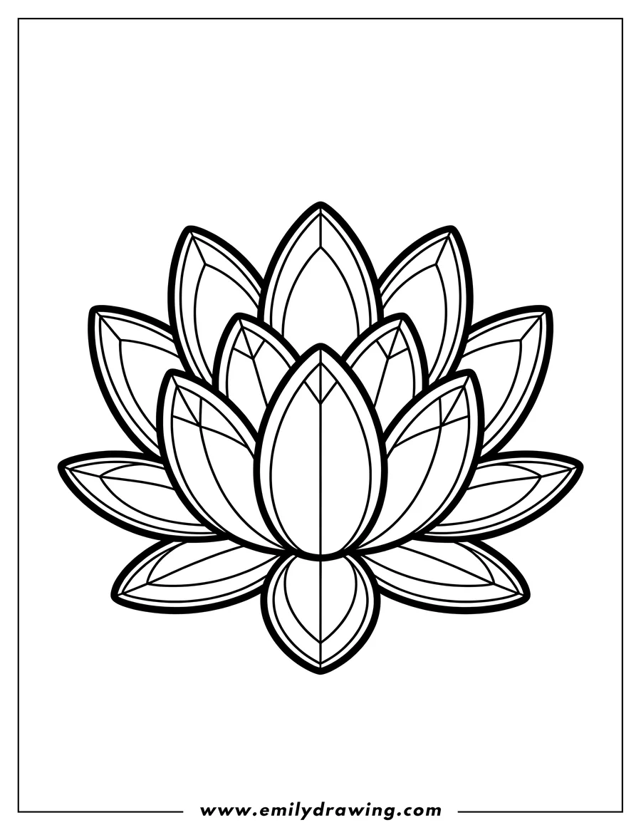 Outline of a lotus flower with petals designed like faceted diamonds.