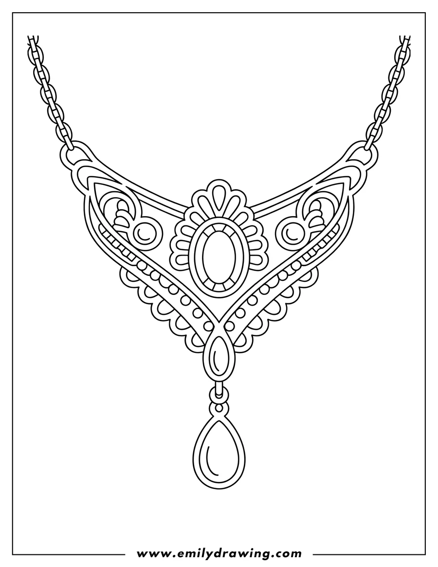 Line art of an elaborate necklace with a large central oval gem and a dangling pear-shaped gem, connected by a chain.