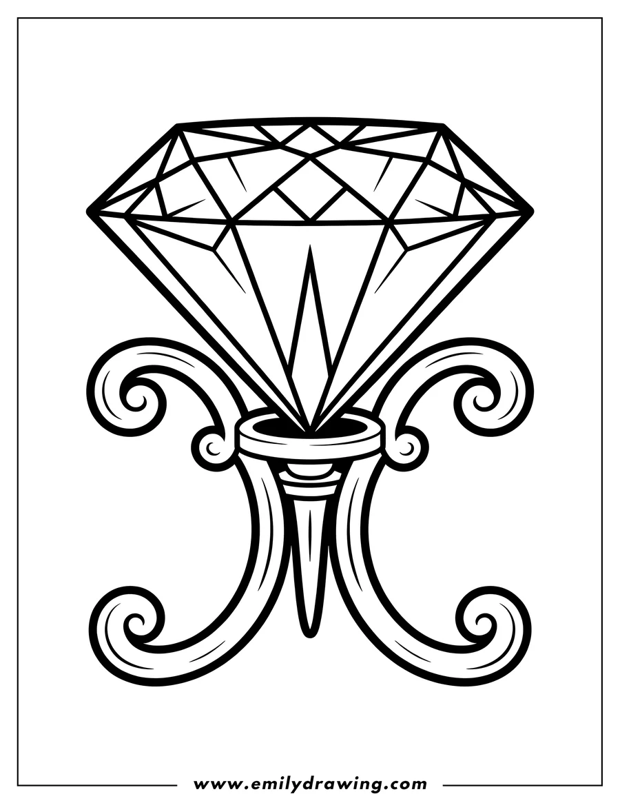 Line art of a faceted diamond resting on an ornate, scrolled stand.