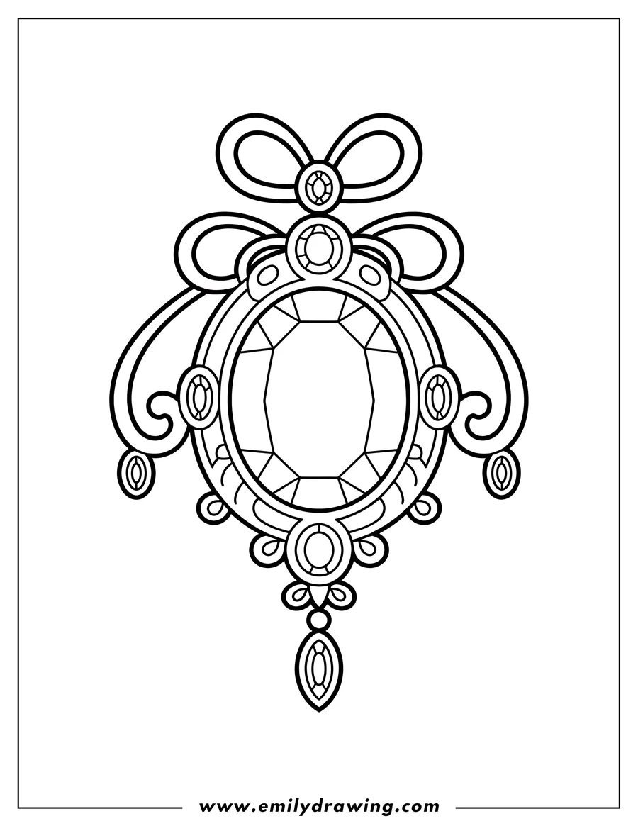 Line art of an ornate diamond ornament with a large oval central diamond, surrounded by smaller circular and oval gems, topped with a decorative bow.