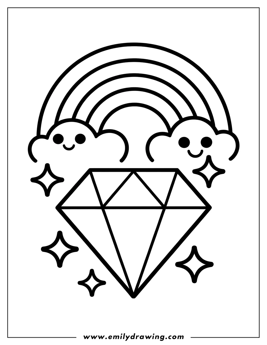 Outline of a faceted diamond with a rainbow arching above it. Two smiling clouds are on either side of the diamond, and four small sparkles surround the diamond.