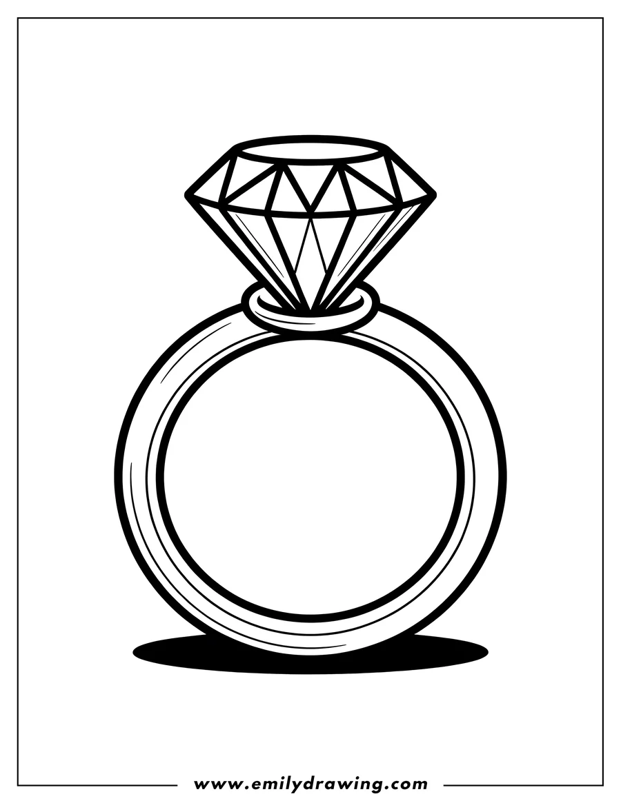 Outline of a large diamond ring with a faceted diamond gemstone set on a simple band.