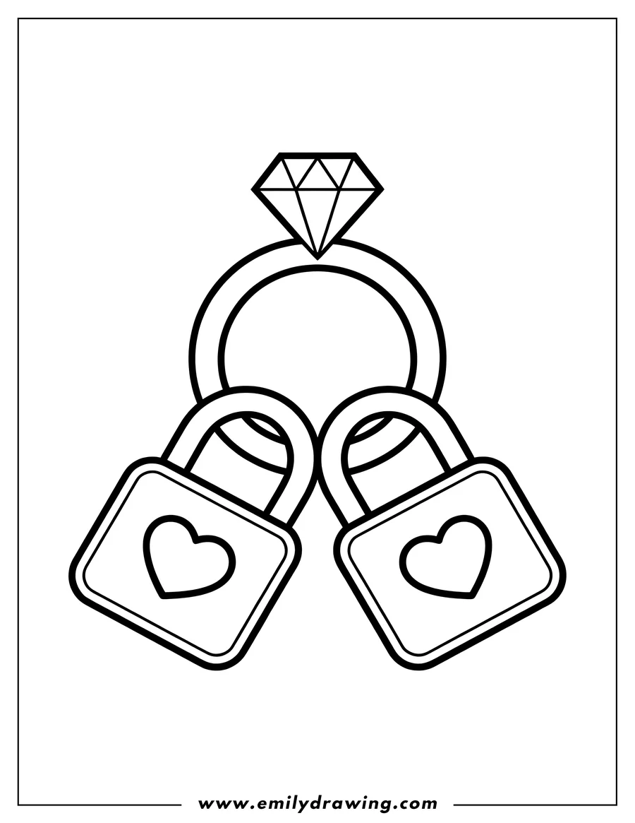 Outline of a diamond engagement ring with two heart-shaped padlocks hanging from it.