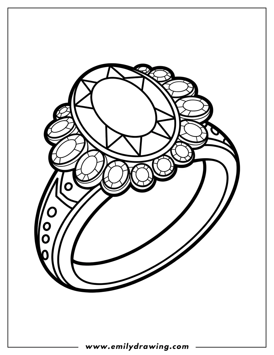 Outline of a fancy diamond ring featuring a large oval gemstone surrounded by smaller round gems.