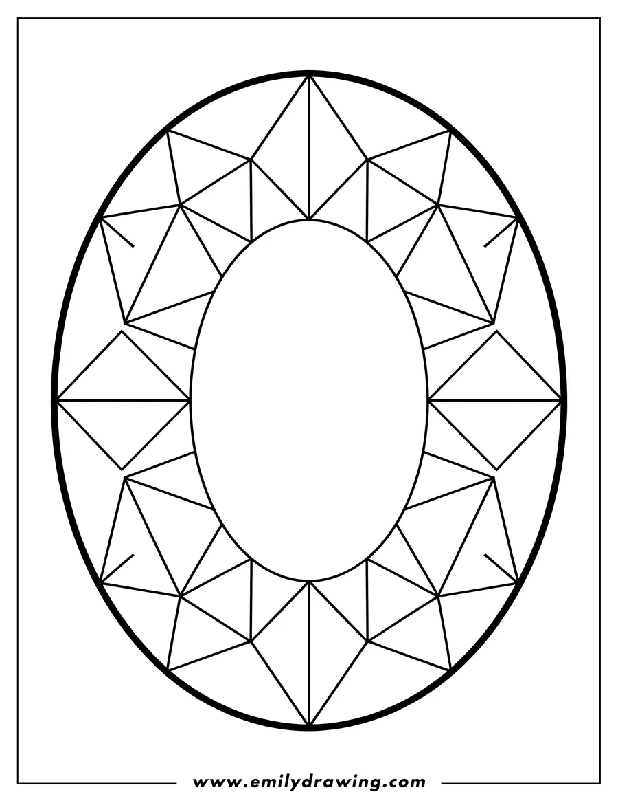 Line art of a circular pattern resembling a diamond ring, featuring geometric shapes like triangles and squares arranged around a central oval.