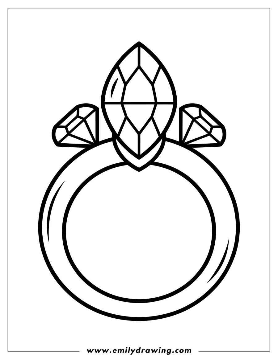 Outline of a diamond ring featuring one large marquise-cut diamond flanked by two smaller round diamonds.