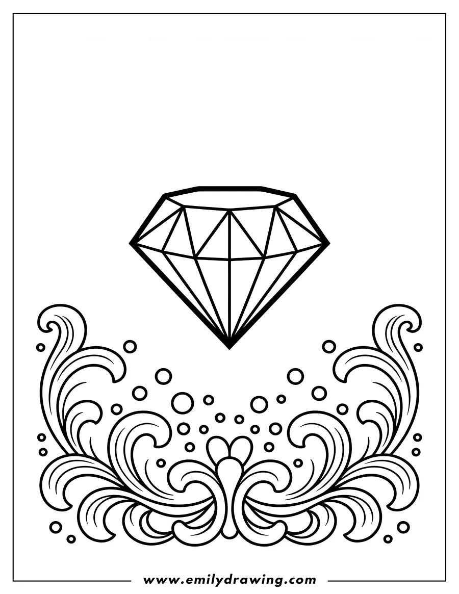 Line art of a faceted diamond floating above ornate scrollwork and small circles.