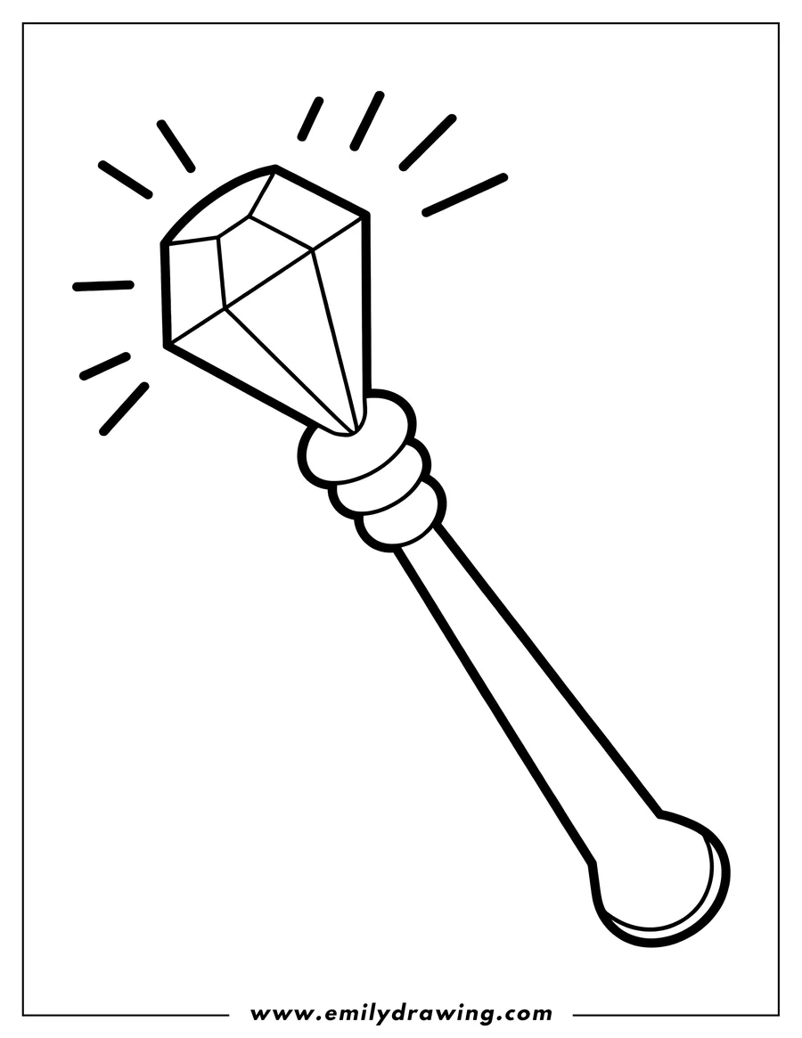 Line art of a diamond wand with a faceted diamond at the top, emitting sparkles.