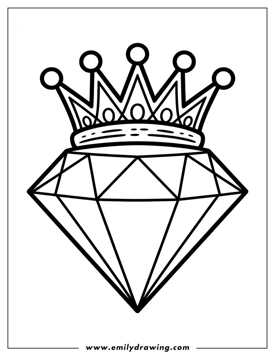 Outline of a faceted diamond gem with a decorative crown resting on top of it.