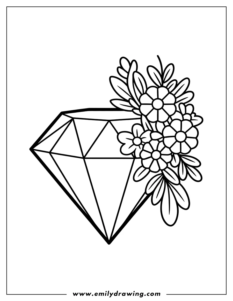 Line art of a multi-faceted diamond with a cluster of small flowers and leaves attached to its top right side.