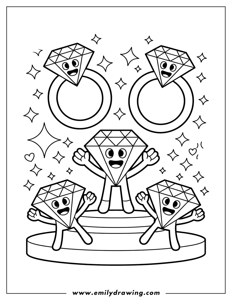 Outline of five smiling diamonds, two set in rings and three standing on a tiered stage, surrounded by stars and hearts.