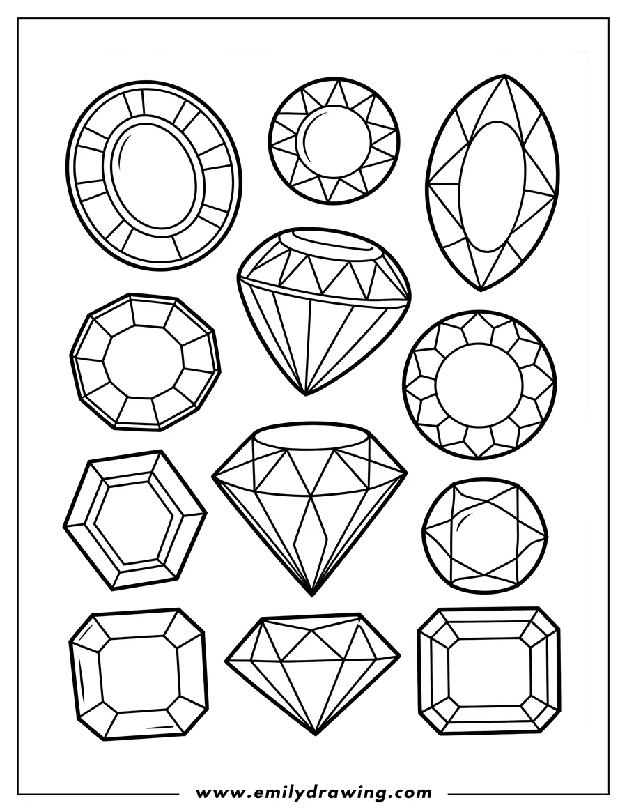 Outline of multiple diamonds and gemstones in various shapes like round, oval, marquise, and octagon cuts.