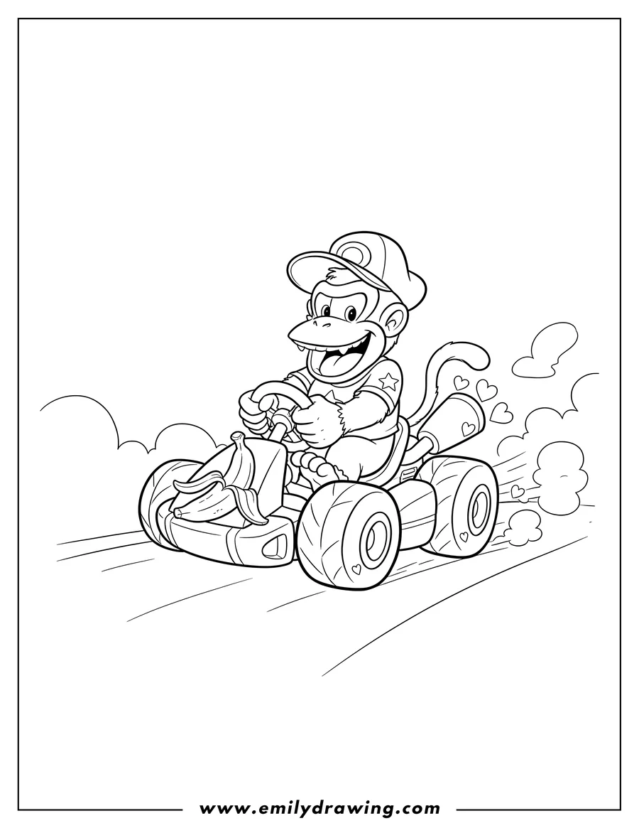 Simple sketch of diddy Kong happily driving his kart, leaning out, To Color to color