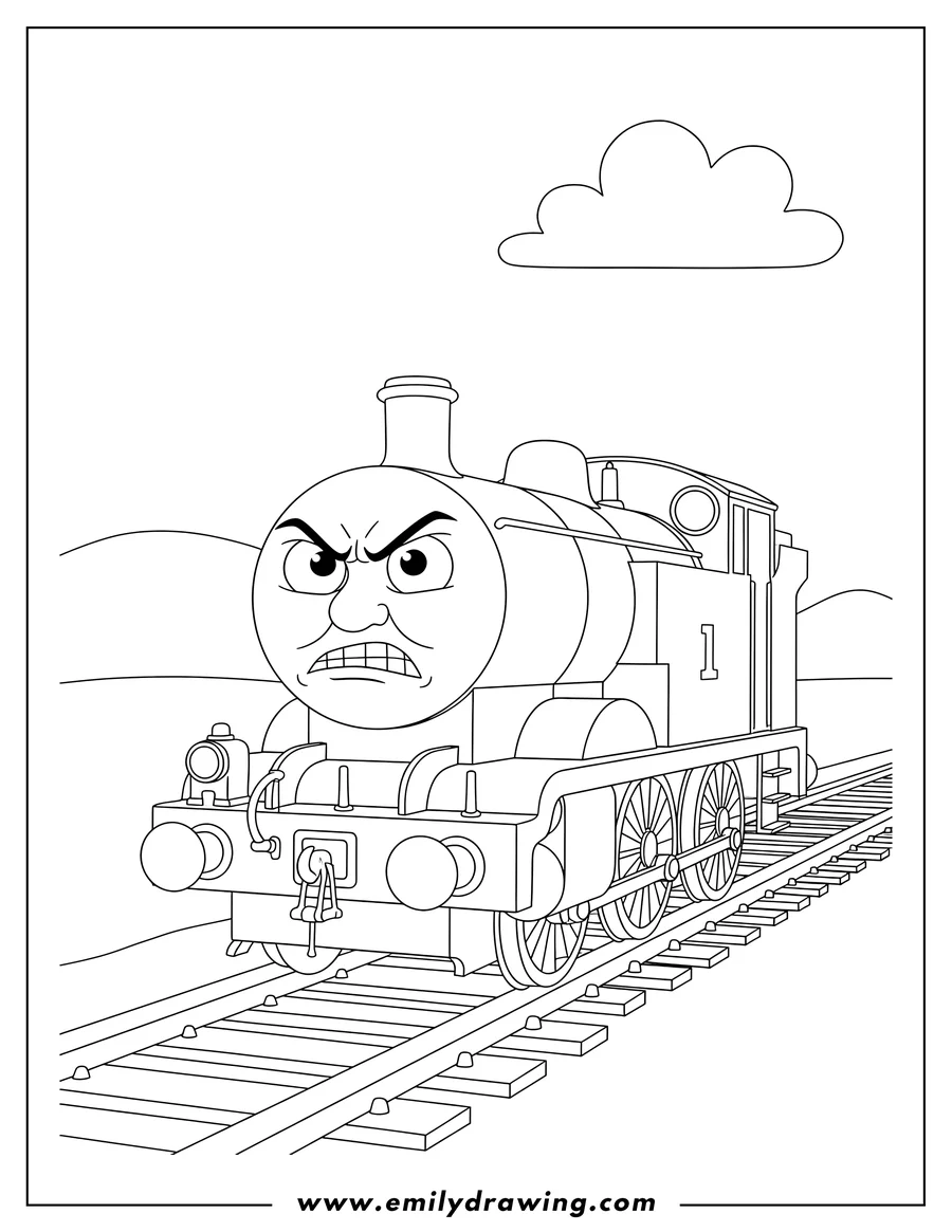 Simple sketch of diesel Train From Thomas And Friends with an angry face on railway tracks, to color scaled to color