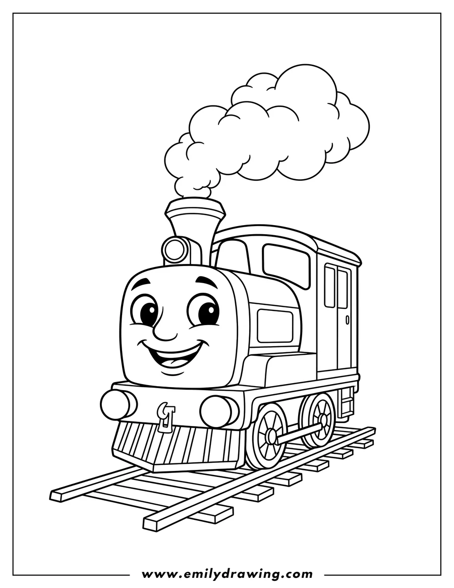 Linear illustration of diesel train with a friendly smiling face on tracks