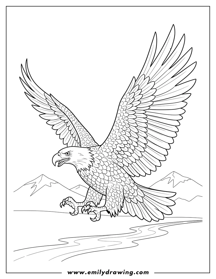 Black and white line art of difficult Bald Eagle swooping with wings spread wide and talons extended, To Color Scaled