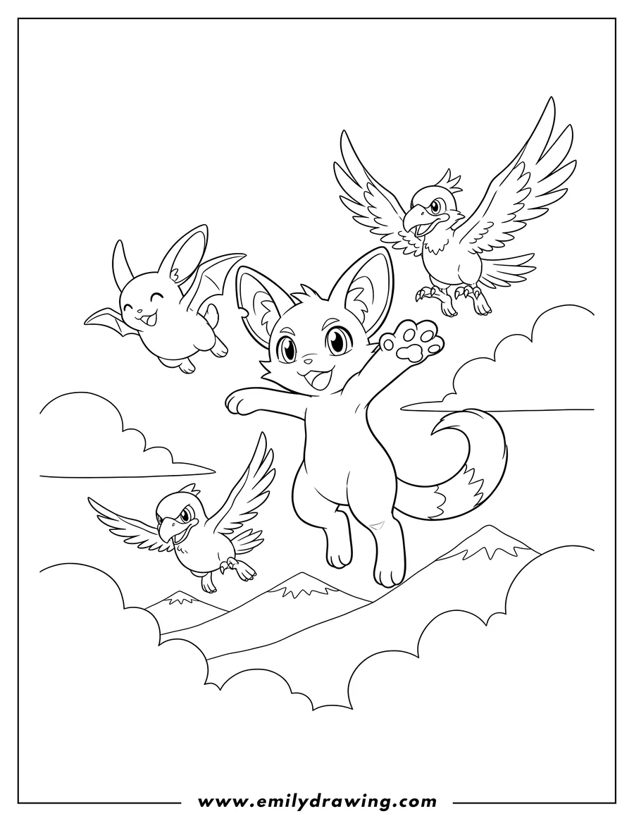 Downloadable coloring page of digimon Tv, Tailmon jumping happily with other flying Digimon