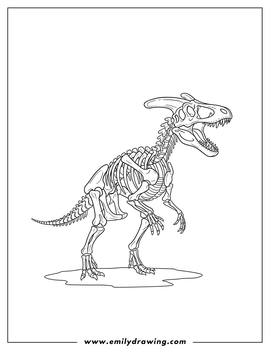 Free printable coloring sheet of dilophosaurus Skeleton standing with its mouth open