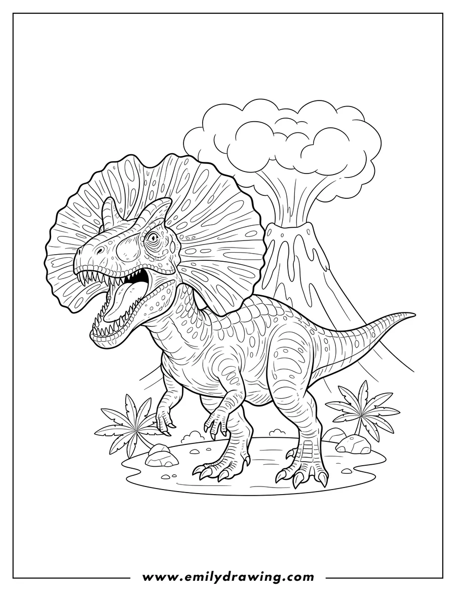 Downloadable coloring page of dilophosaurus with extended frill and open mouth, in front of smoking volcano