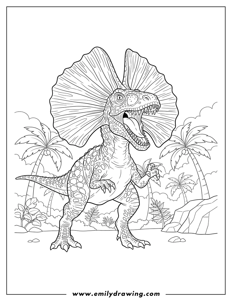 Coloring page for kids: dilophosaurus with frills extended and mouth open, roaring