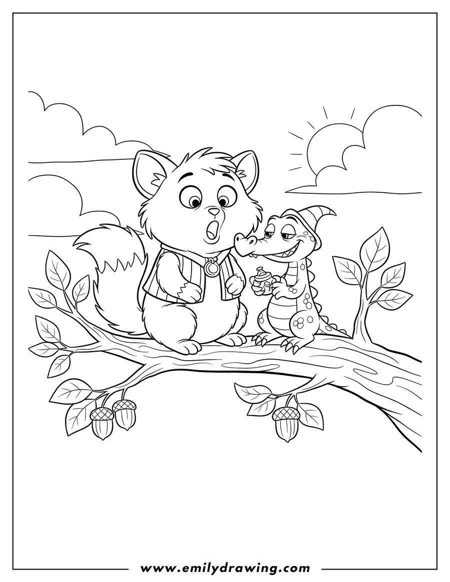 Doodle style coloring picture of dinky and Boomer on a tree branch, Dinky looking surprised and Boomer looking mischievous