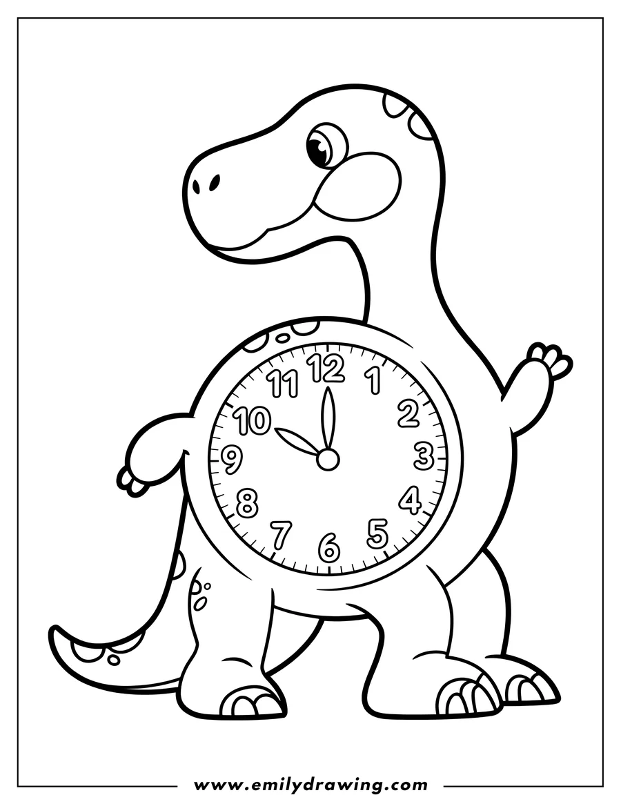 Outline of a cartoon dinosaur with a large clock face on its body, showing numbers 1 through 12 and clock hands pointing to 10 and 12.