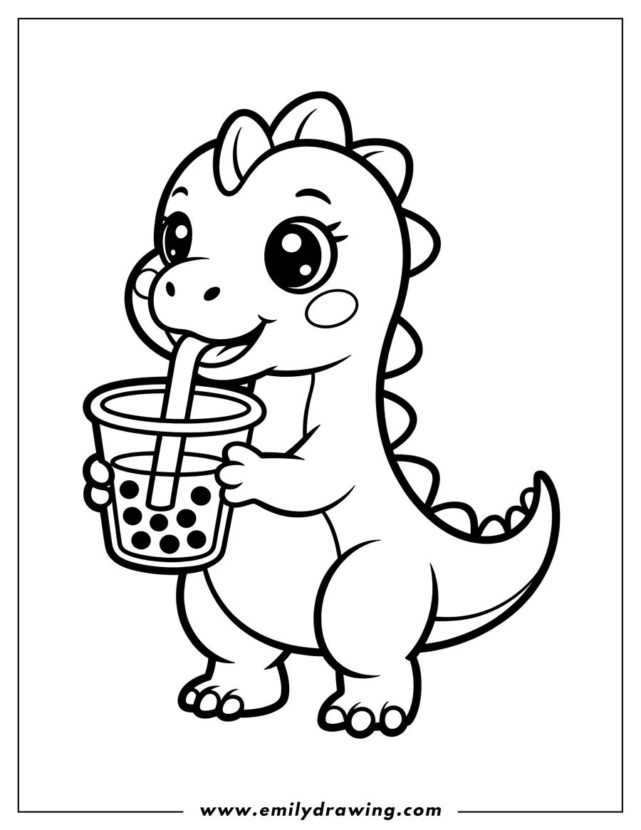 Outline of a cute cartoon dinosaur happily drinking boba tea from a cup with a straw, holding the cup with both hands.