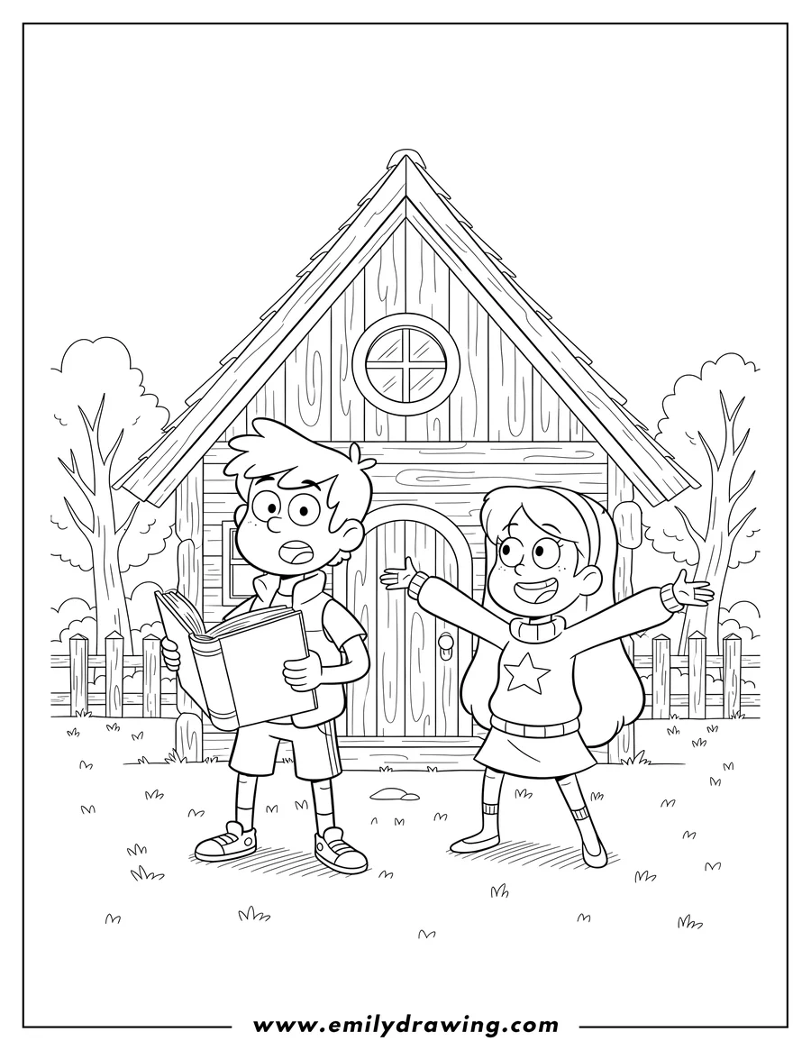 Simple sketch of mabel And Dipper Pines Outside Cottage, Dipper holding a book and looking surprised, and Mabel smiling with open arms to color