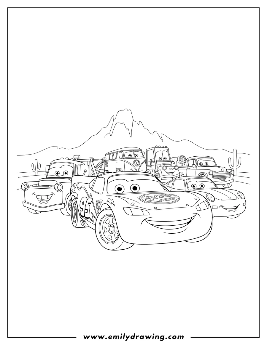 Outline drawing of disney Cars: Lightning McQueen, Mater, and friends lined up and smiling