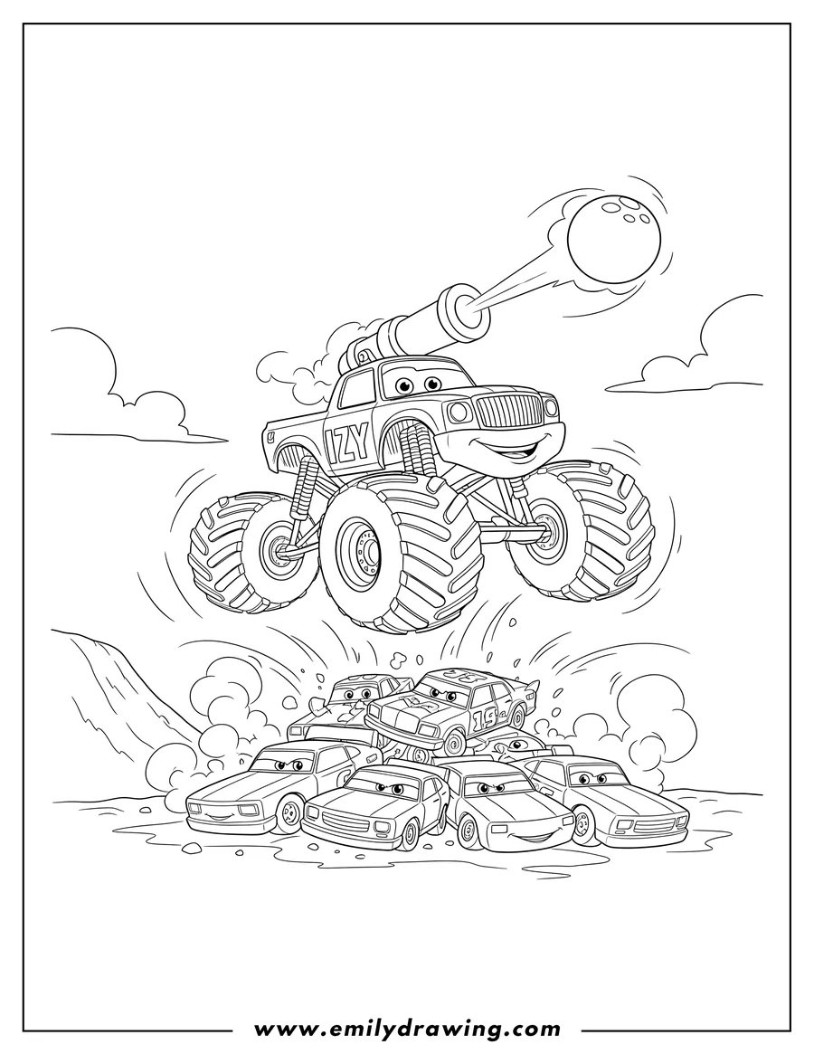 Doodle style coloring picture of disney Cars Ivy Monster Truck with a cannon firing, crushing other cars