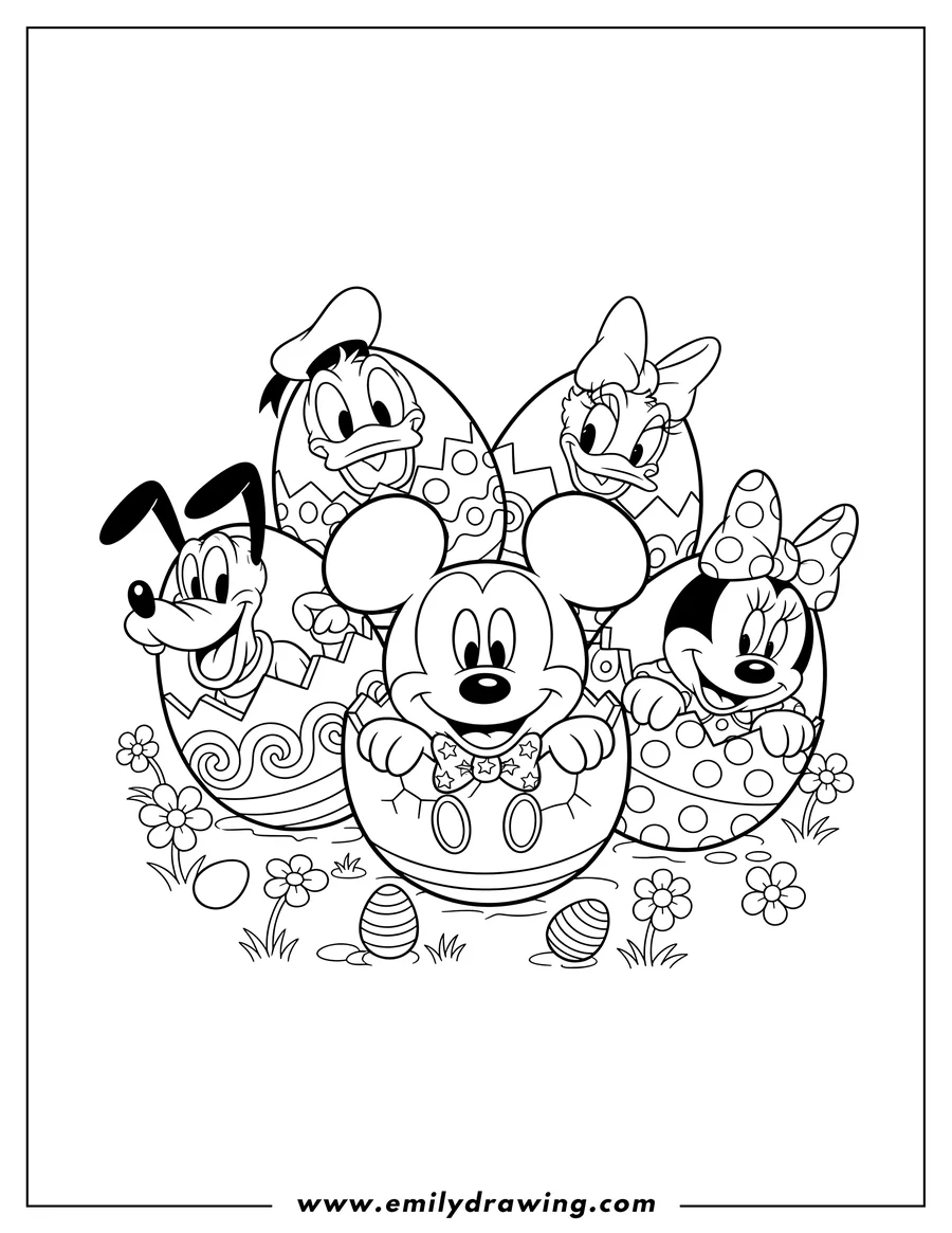 Coloring sheet featuring disney Characters As Easter Eggs, with Mickey Mouse and friends peeking out
