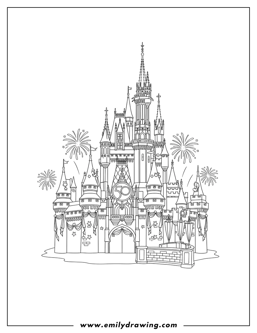 Clean line drawing: disney Cinderella Castle Scaled, decorated for its 50th anniversary
