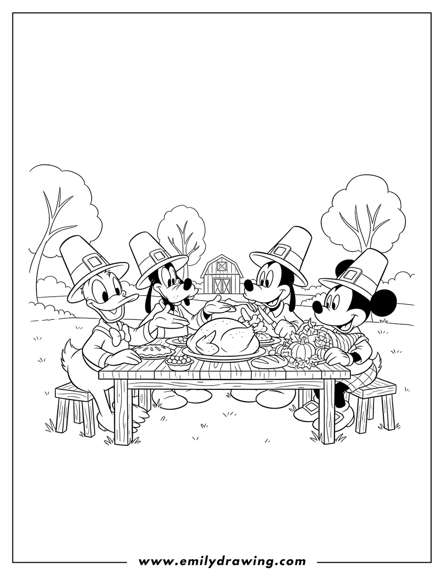 Coloring page for kids: disney Thanksgiving Donald Duck, Goofy, Mickey Mouse, and Minnie Mouse wearing pilgrim hats, sitting at a table with a roasted turkey outdoors