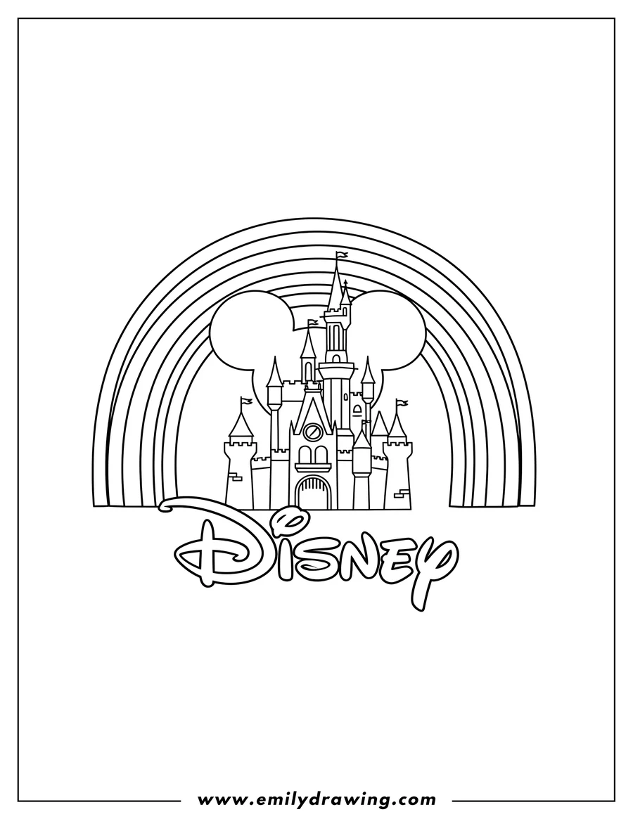 Black and white line art of disney logo with a castle outline, a rainbow, and Mickey Mouse ears
