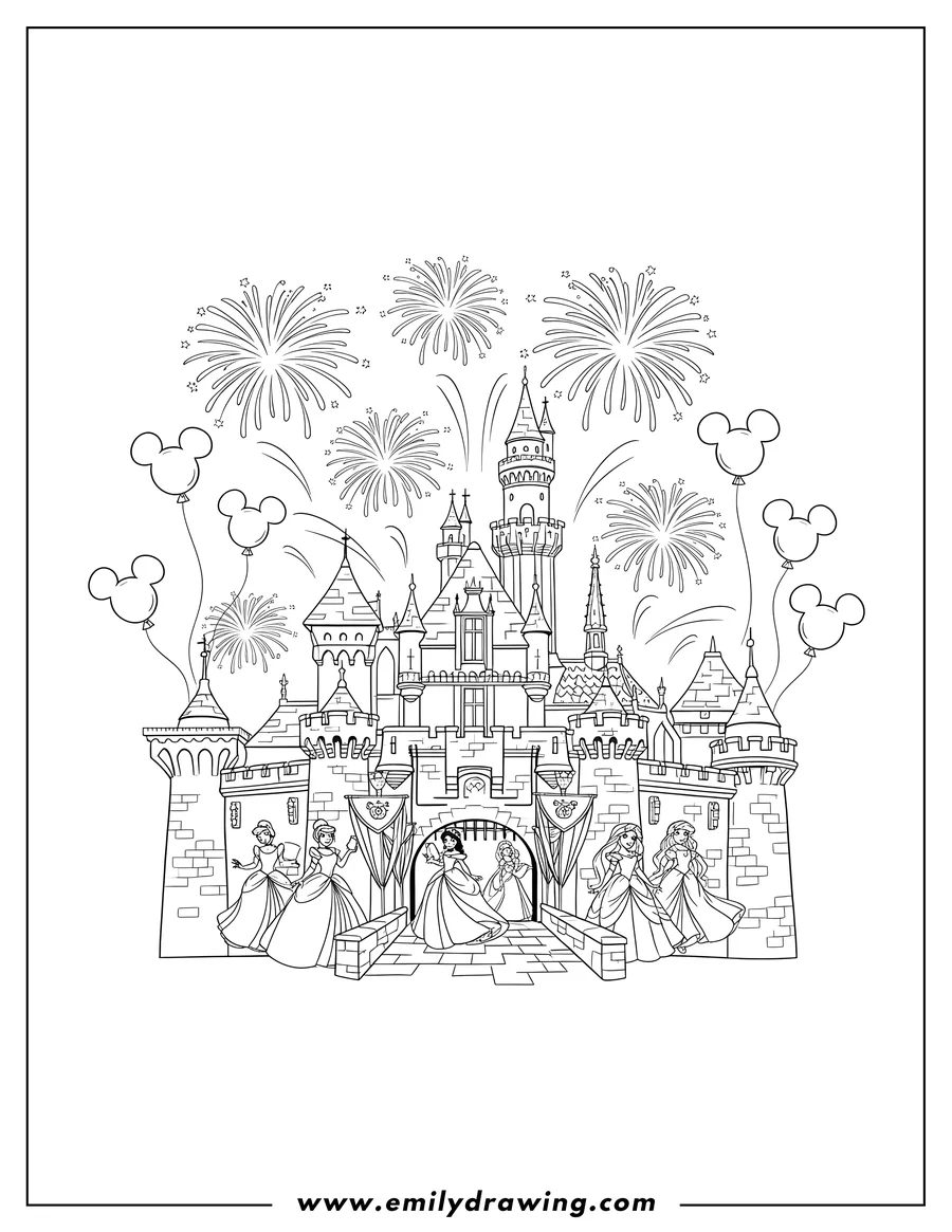 Outline drawing of disneyland Castle with many princesses inside its structure, surrounded by Mickey balloons and fireworks