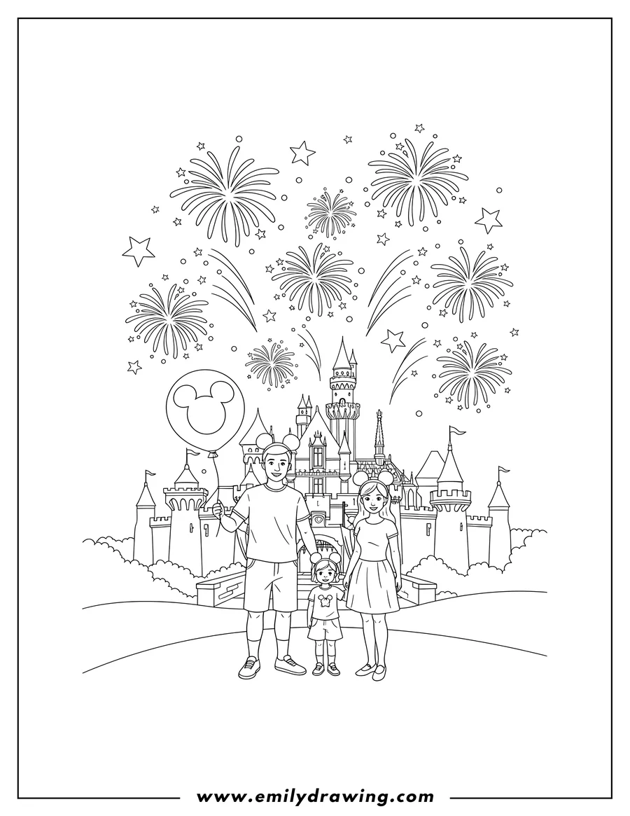 Vector style outline of disneyland Disney, family watching fireworks with Mickey ears and a balloon