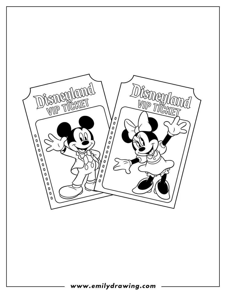 PDF style coloring page: disneyland VIP Tickets with Mickey and Minnie Mouse waving