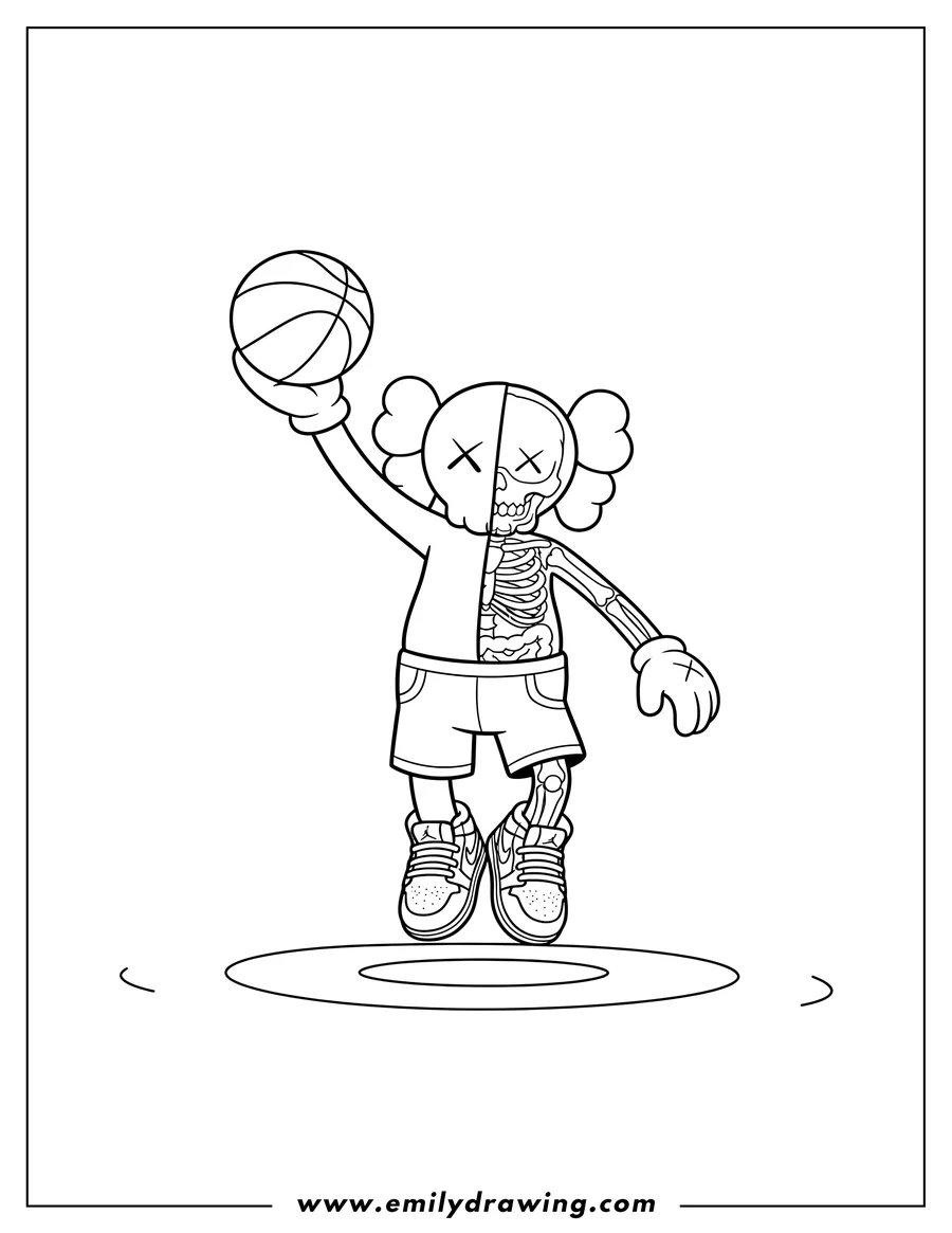 Full page coloring image of dissected Kaws Companion in Air Jordan pose, holding a basketball