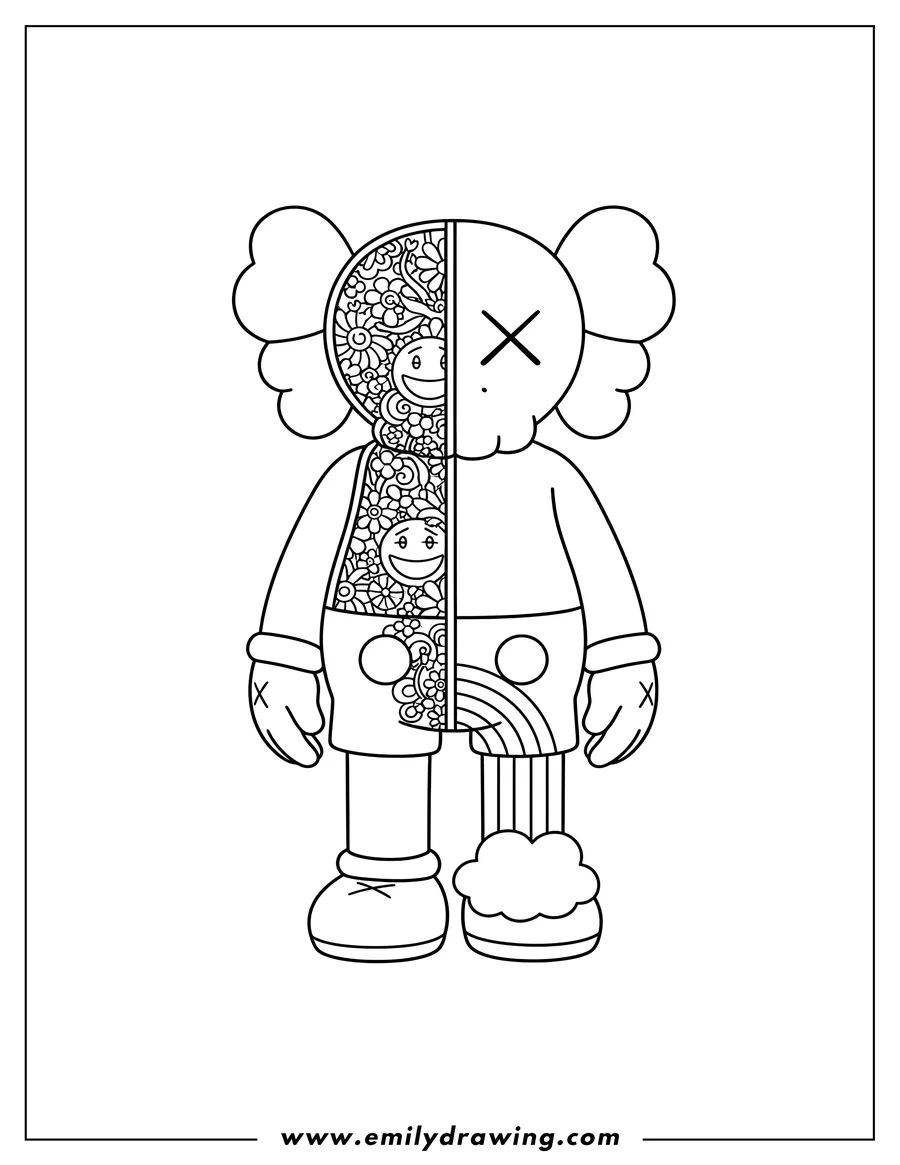 Free to print drawing of dissected Kaws Companion with X eyes, revealing whimsical elements like a smiley face, flowers, and a rainbow leg